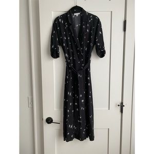 SOLD — Equipment Collared Tie Wrap Midi Dress with white dandelion pattern